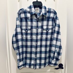 Lucky Brand Pearl Snap Shirt Mens Medium Blue Plaid Flannel Western Long Sleeve